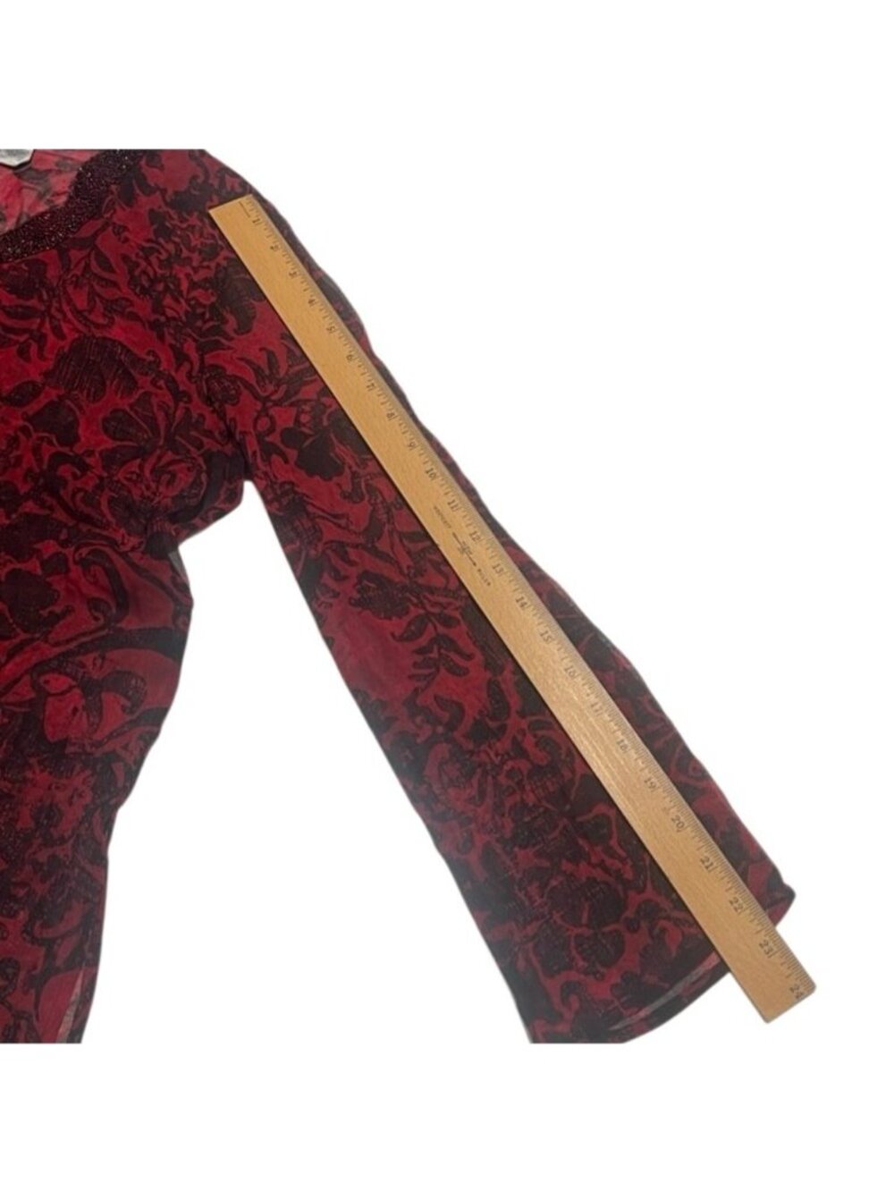 Chico's Deep Red & Black Beaded V Neck Long Sleeves Sheer Silk Top Size Large - Picture 8 of 10